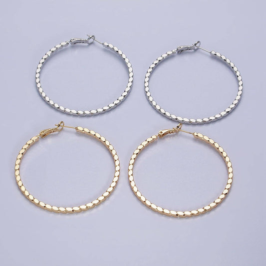 Gold Filled Oval Textured Geometric 40mm, 50mm Hinge Hoops