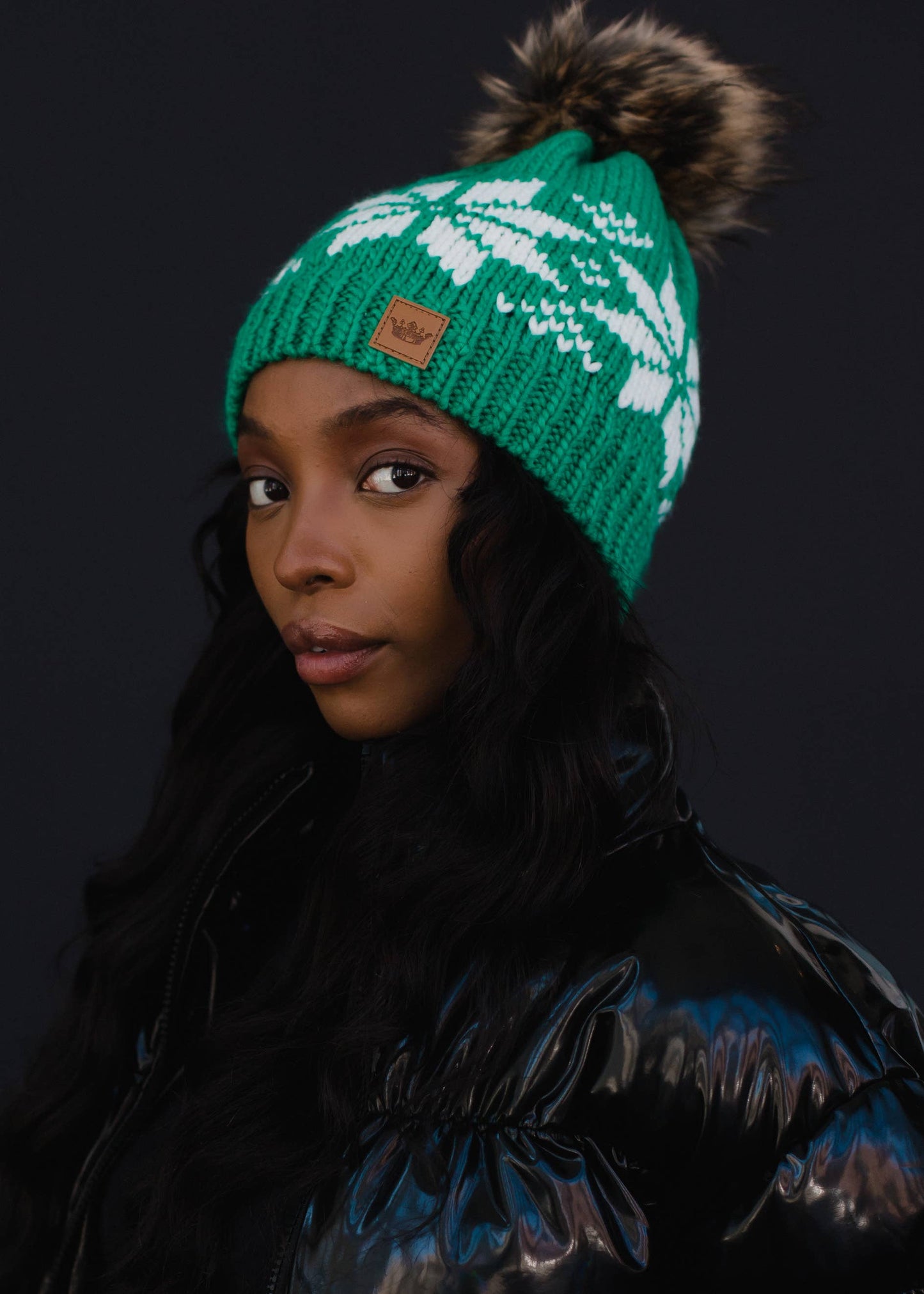 Green & White Snowflake Pom Hat