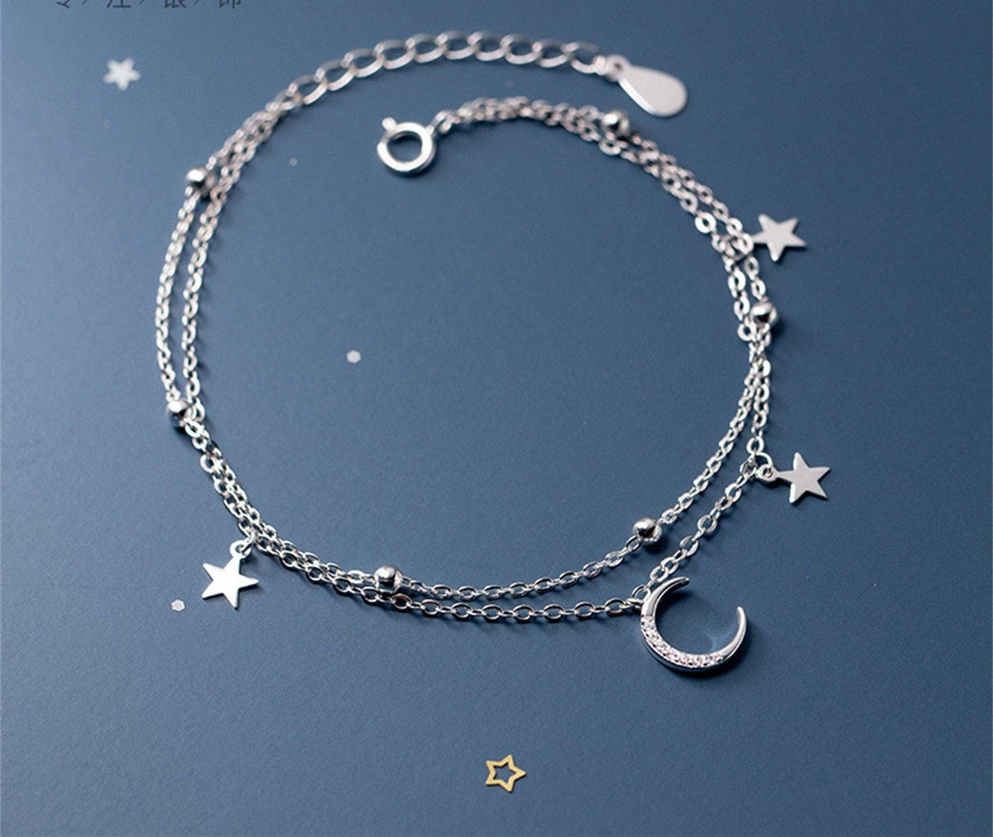 Boho Moon Star Charm Layered Bracelet in 925 Sterling Silver