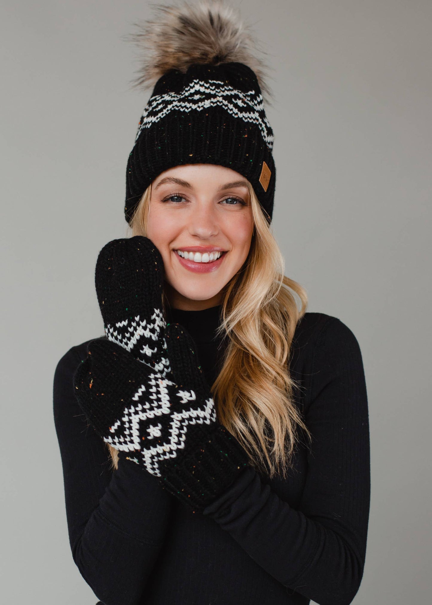 Black & Speckled Patterned Pom Hat