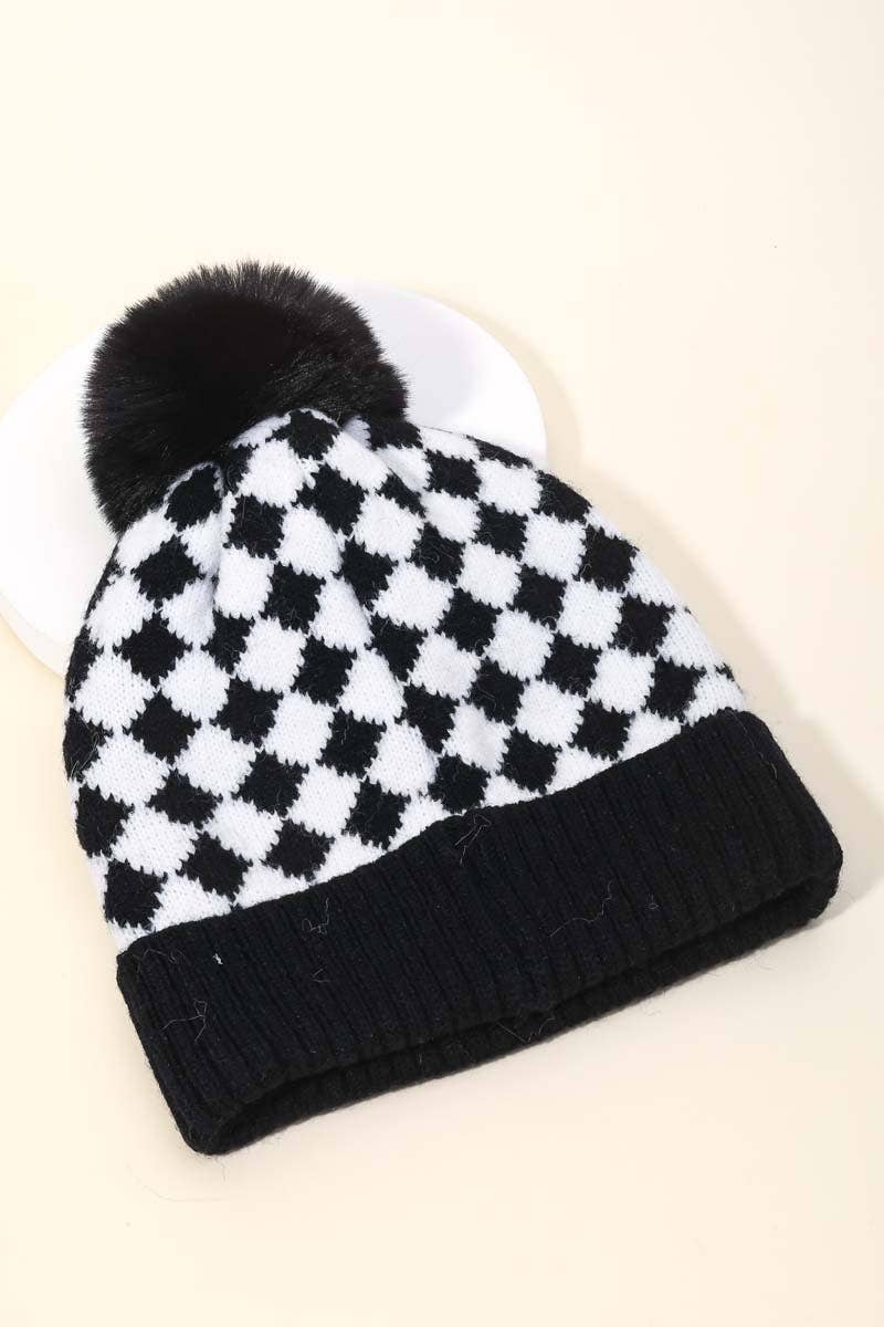 Checkered Pattern Pom Beanie