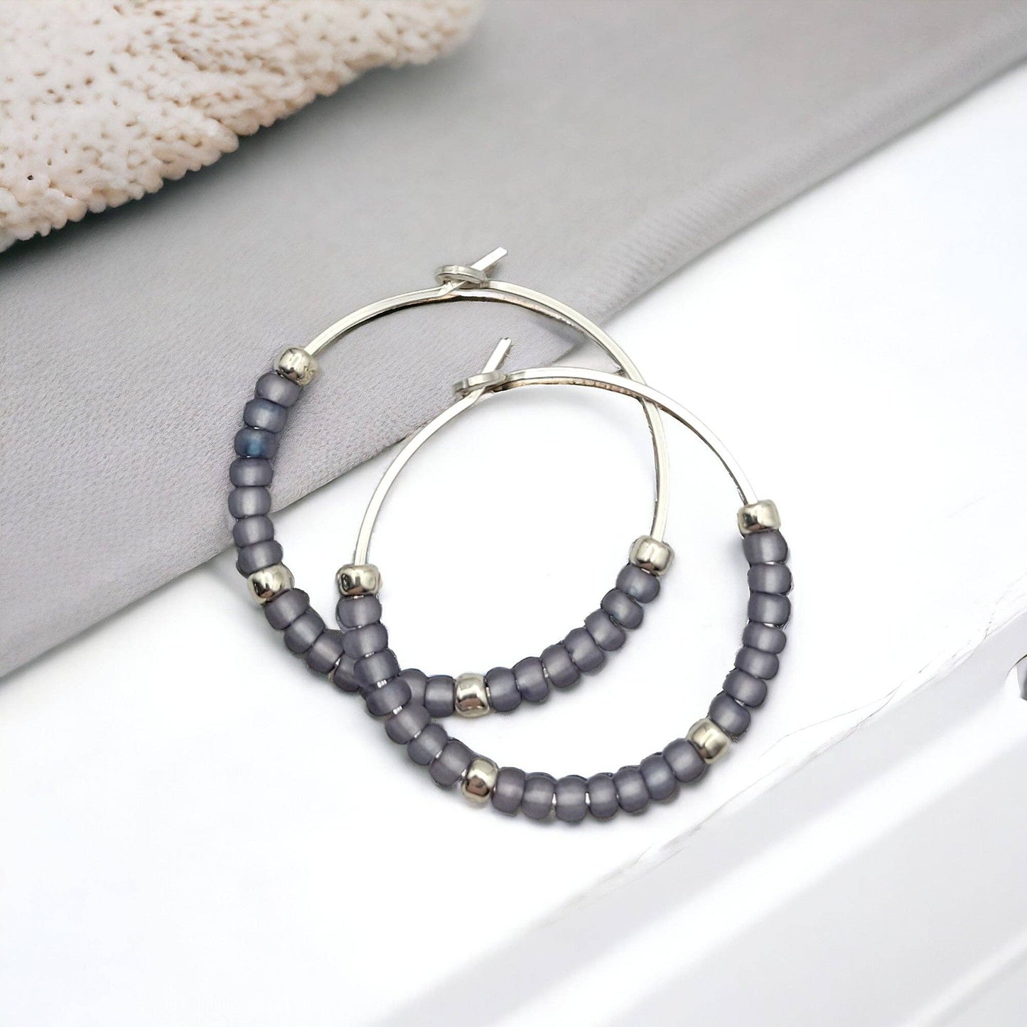 Spring Sterling Silver Hoop Earrings with Purple Seed Beads