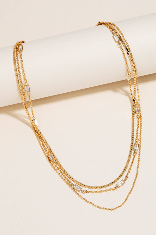 Rectangle Rhinestones Layered Chains Necklace