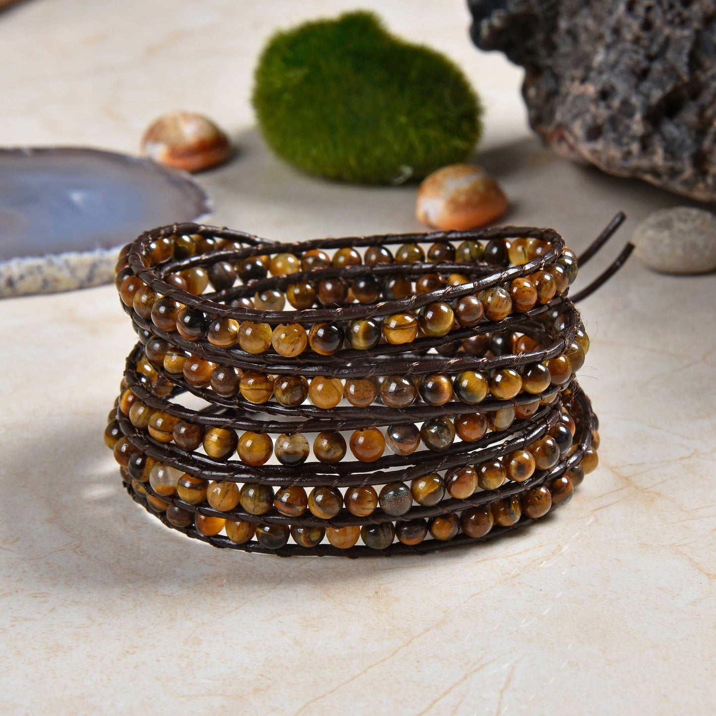 Tiger's Eye Leather Wrap Bracelet