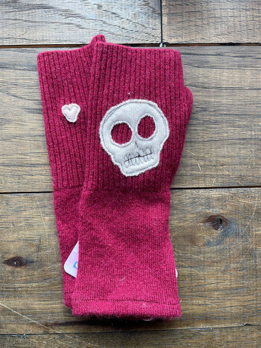 Hand Stitched Fingerless Gloves - Burg/Skull