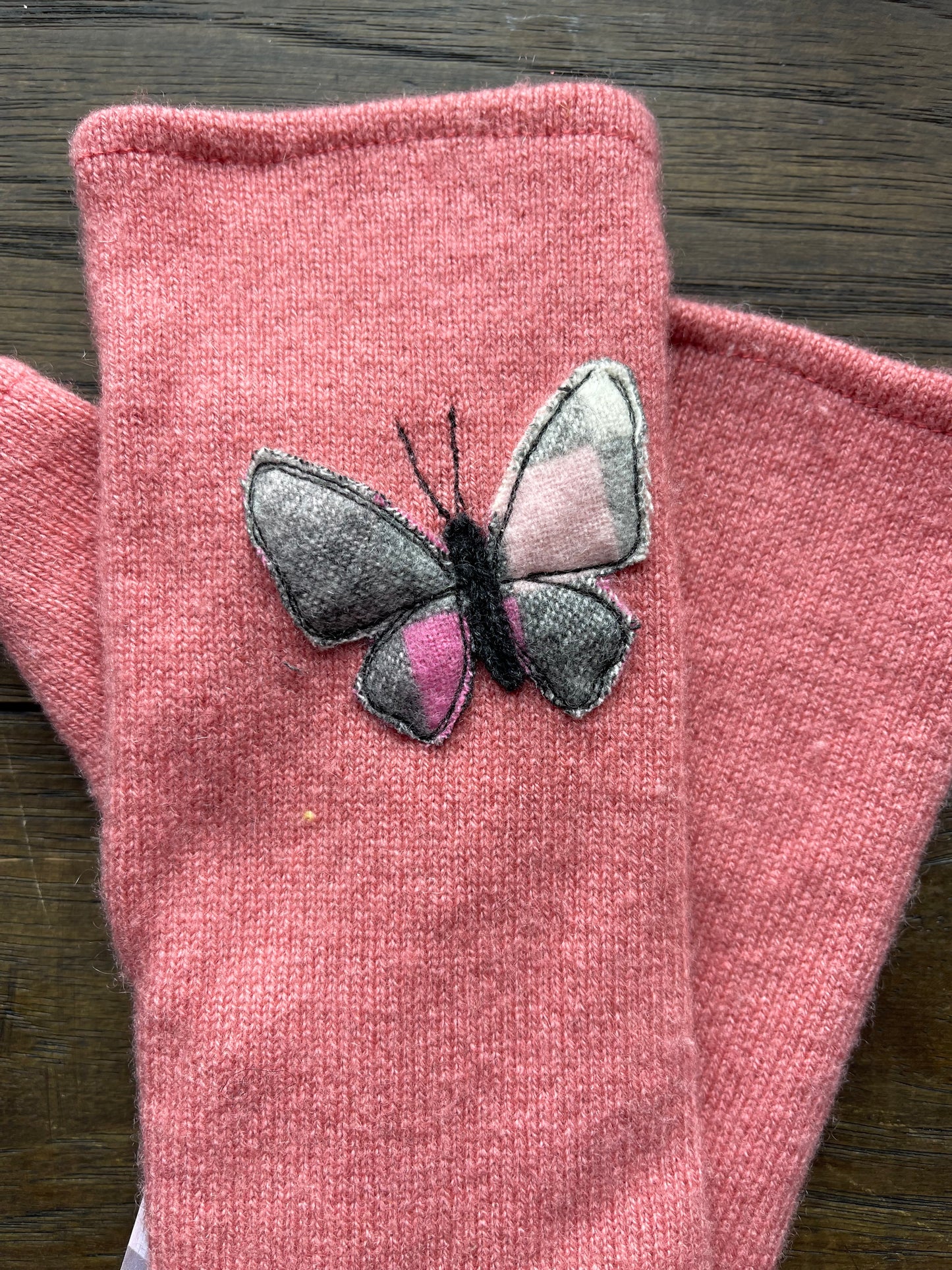 Hand Stitched Fingerless Gloves - Coral/Butterfly