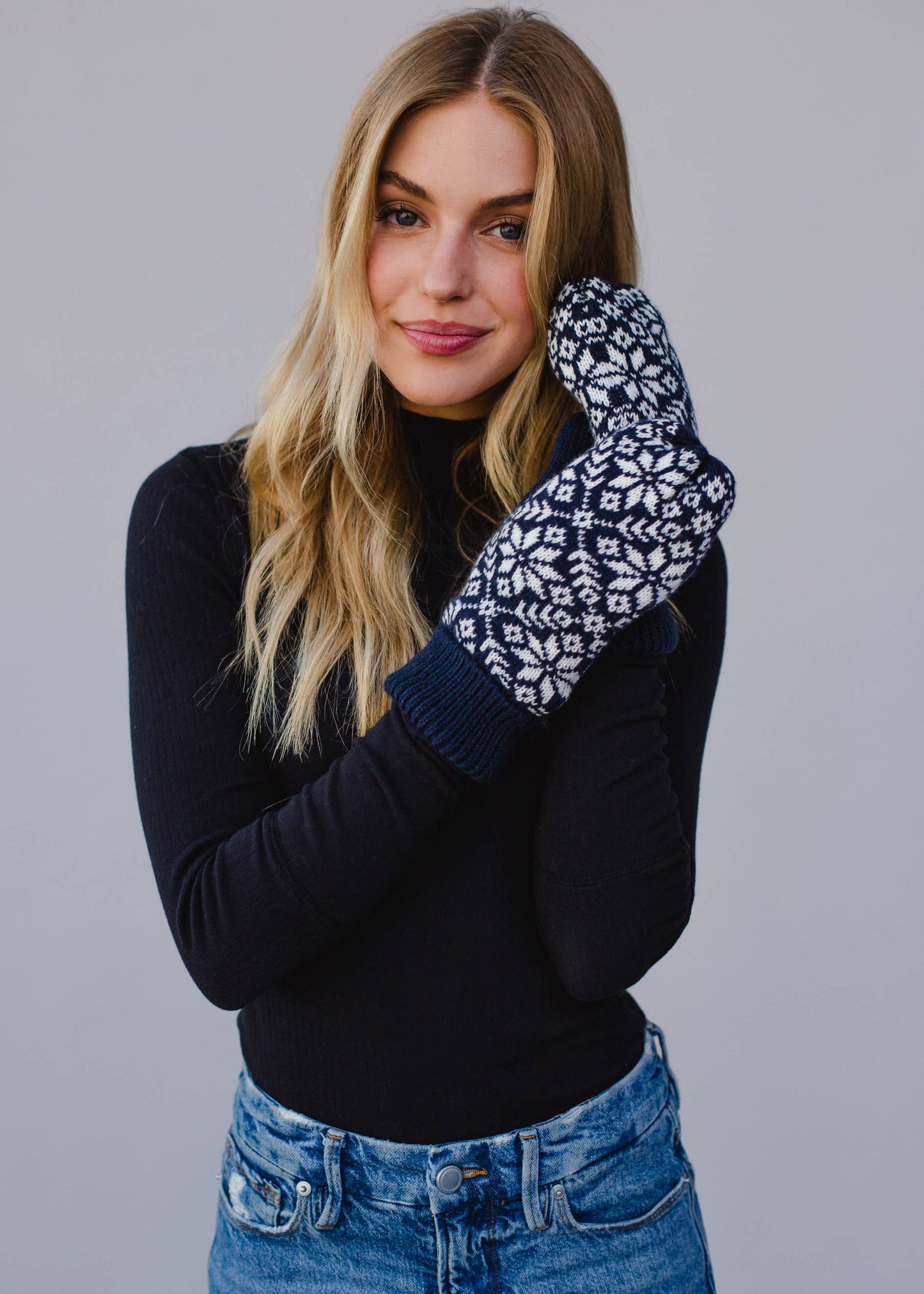 Navy & White Snowflake Knit Mittens