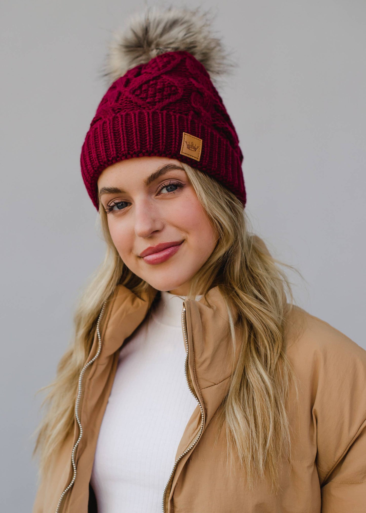 Burgundy Cable Knit Pom Hat