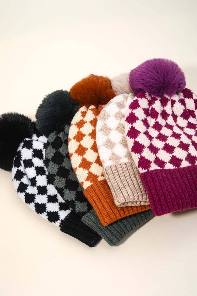 Checkered Pattern Pom Beanie