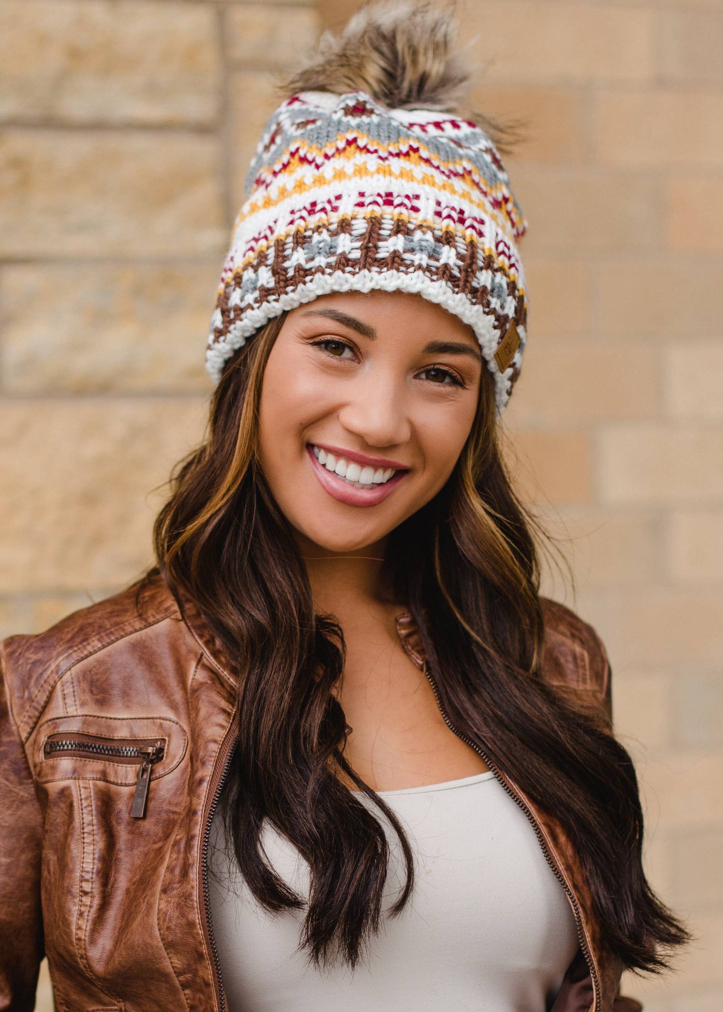 White & Multicolored Patterned Pom Hat