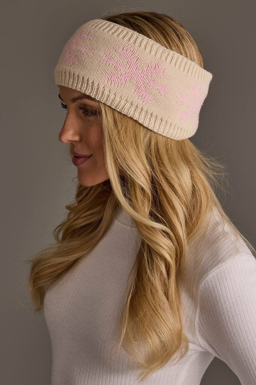 Beige & Lt. Pink Snowflake Knit Headband