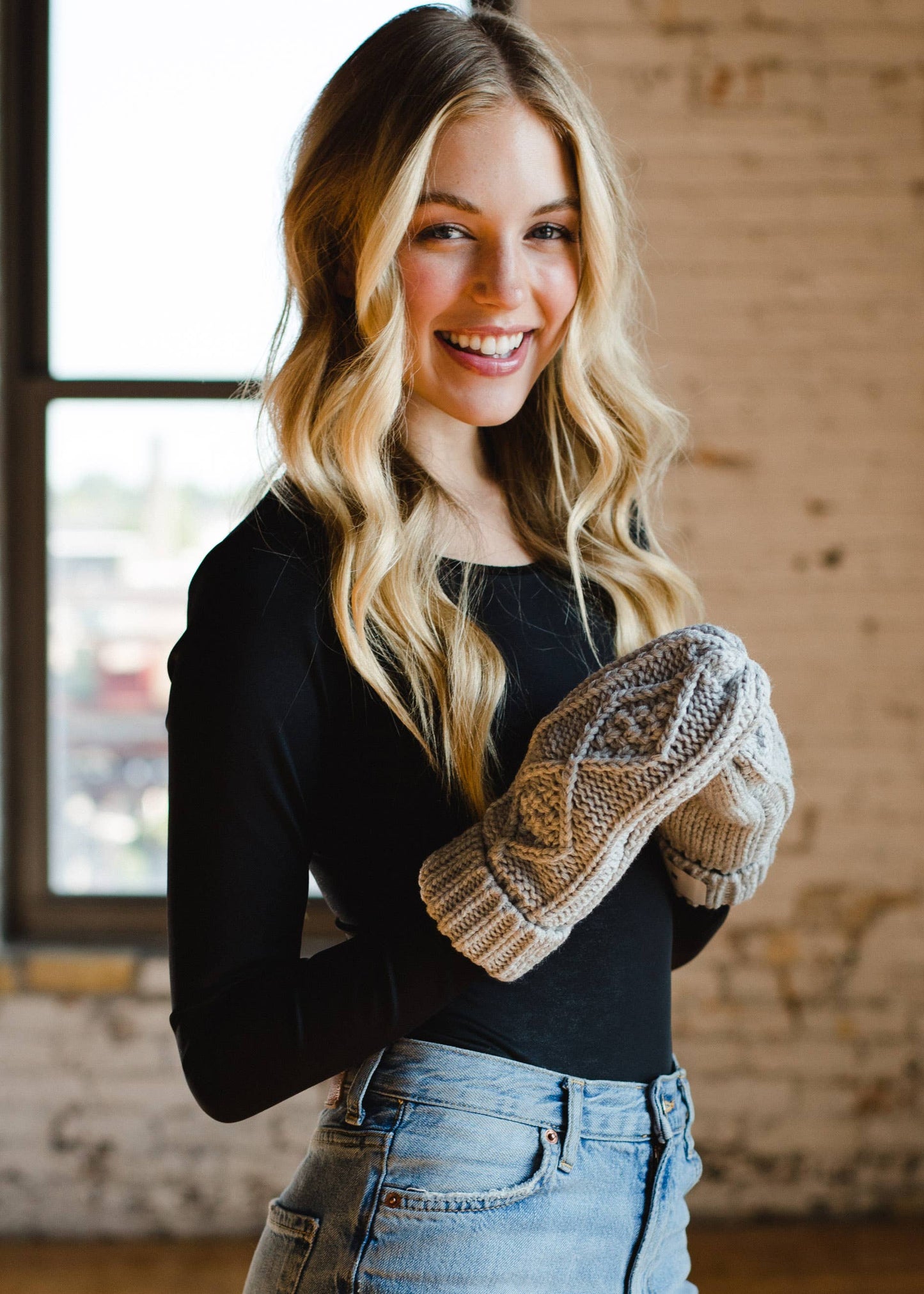 Light Gray Cable Knit Mittens