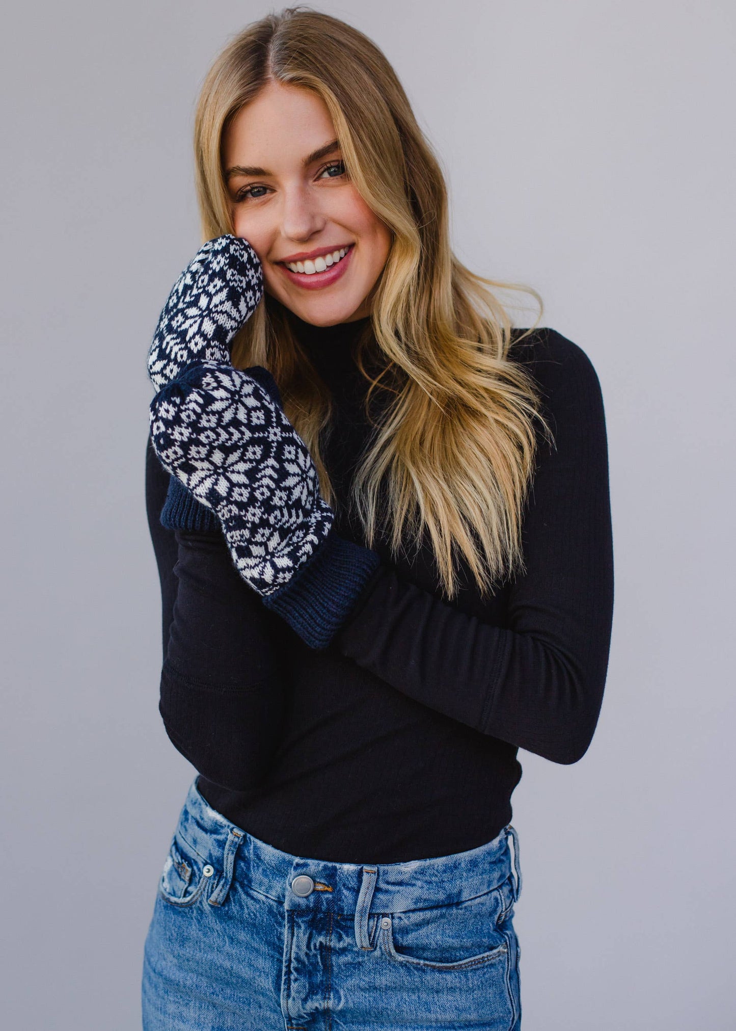 Navy & White Snowflake Knit Mittens