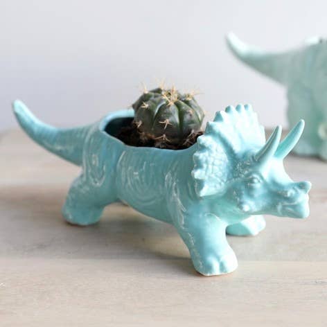 Teal Triceratops Dinosaur Planter