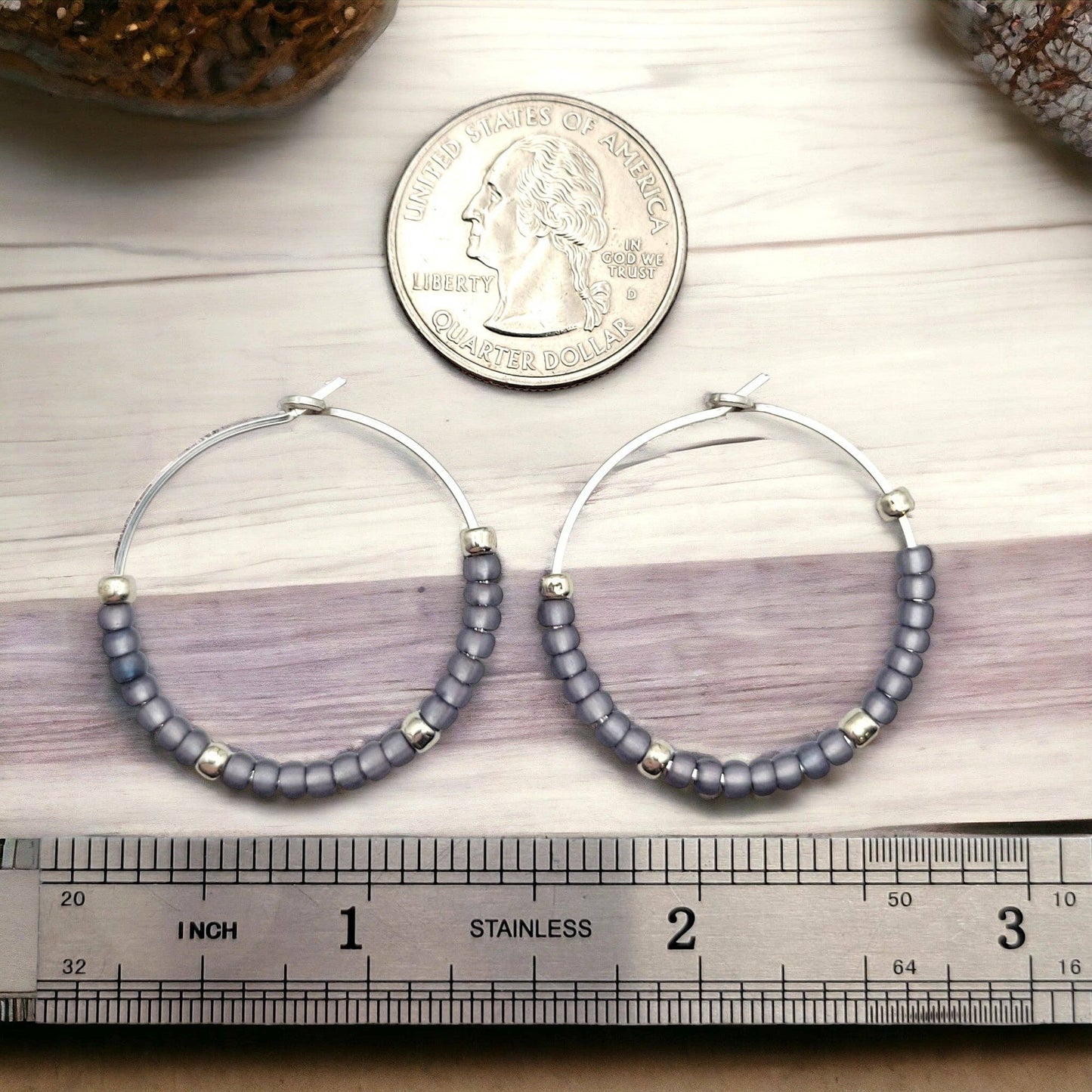 Spring Sterling Silver Hoop Earrings with Purple Seed Beads