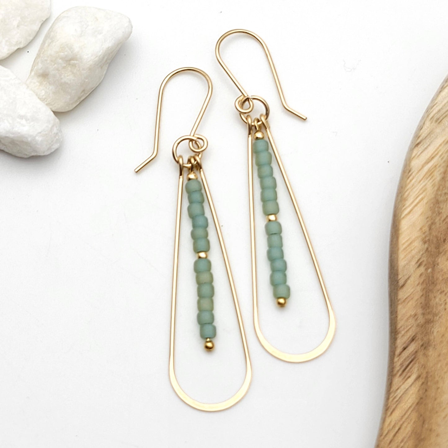 Long 14k Gold Filled Hoop Earrings with Sea Glass Green Bead