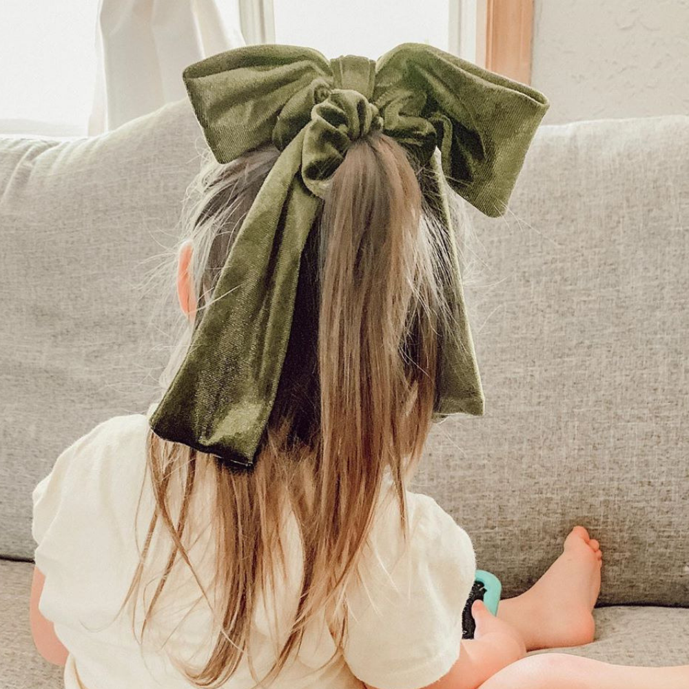 Olive Velvet Bow Scrunchie | Hair Tie