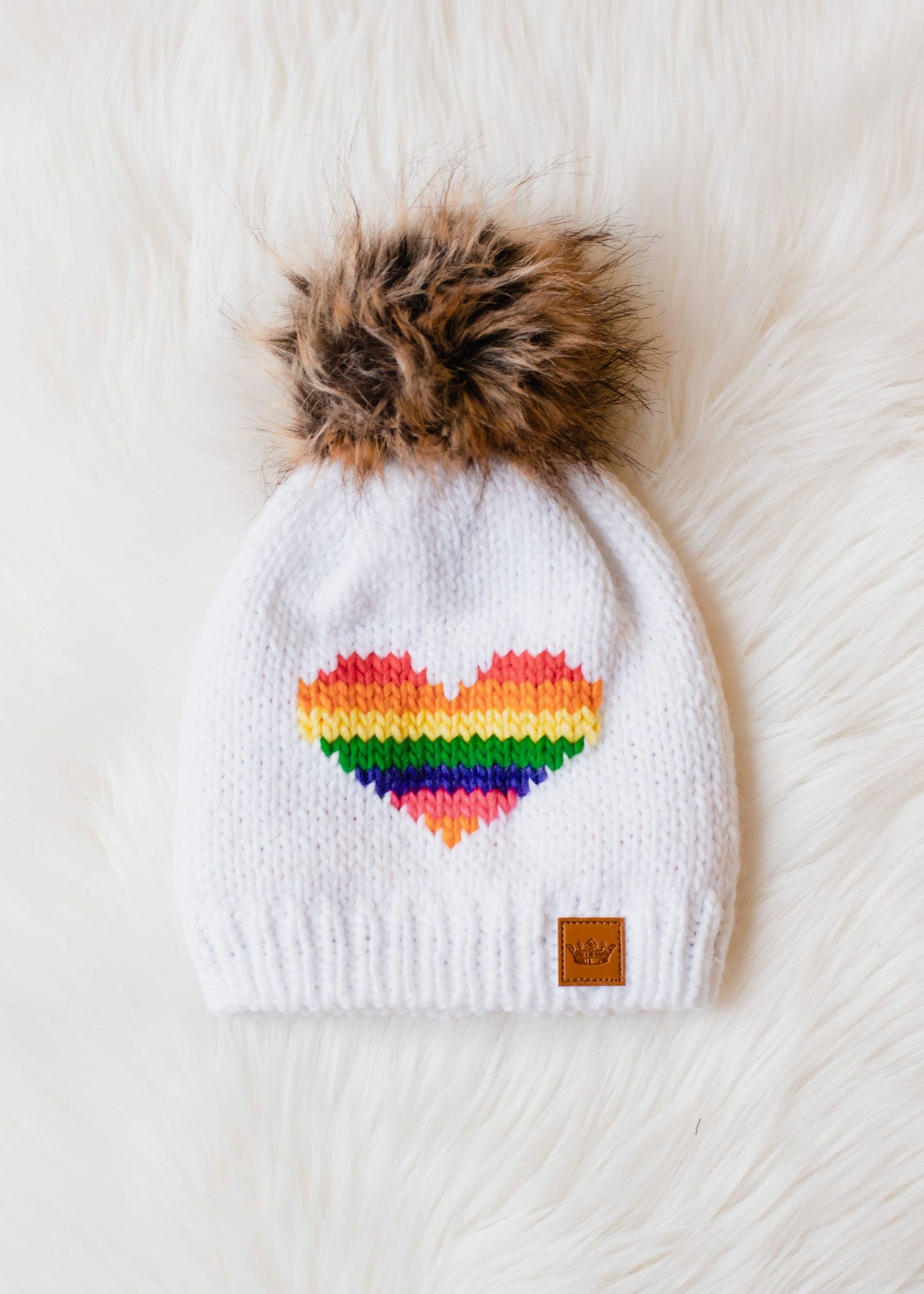 White & Rainbow Heart Pom Hat