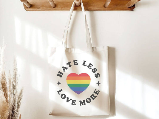 Hate Less Love More Rainbow Pride LGBTQ Canvas Tote Bag - Sale