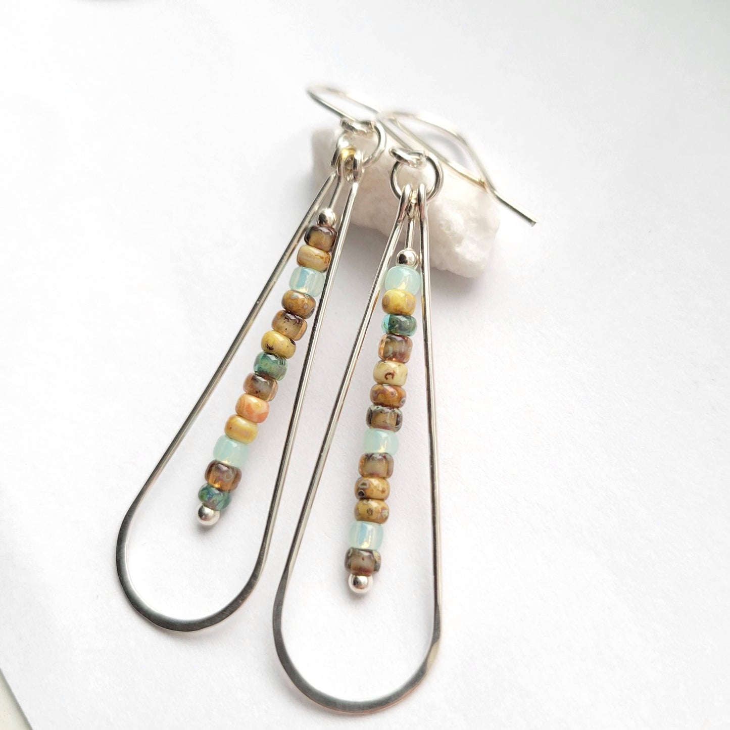 Long Silver Hoop Earrings with Multi Colored Beads