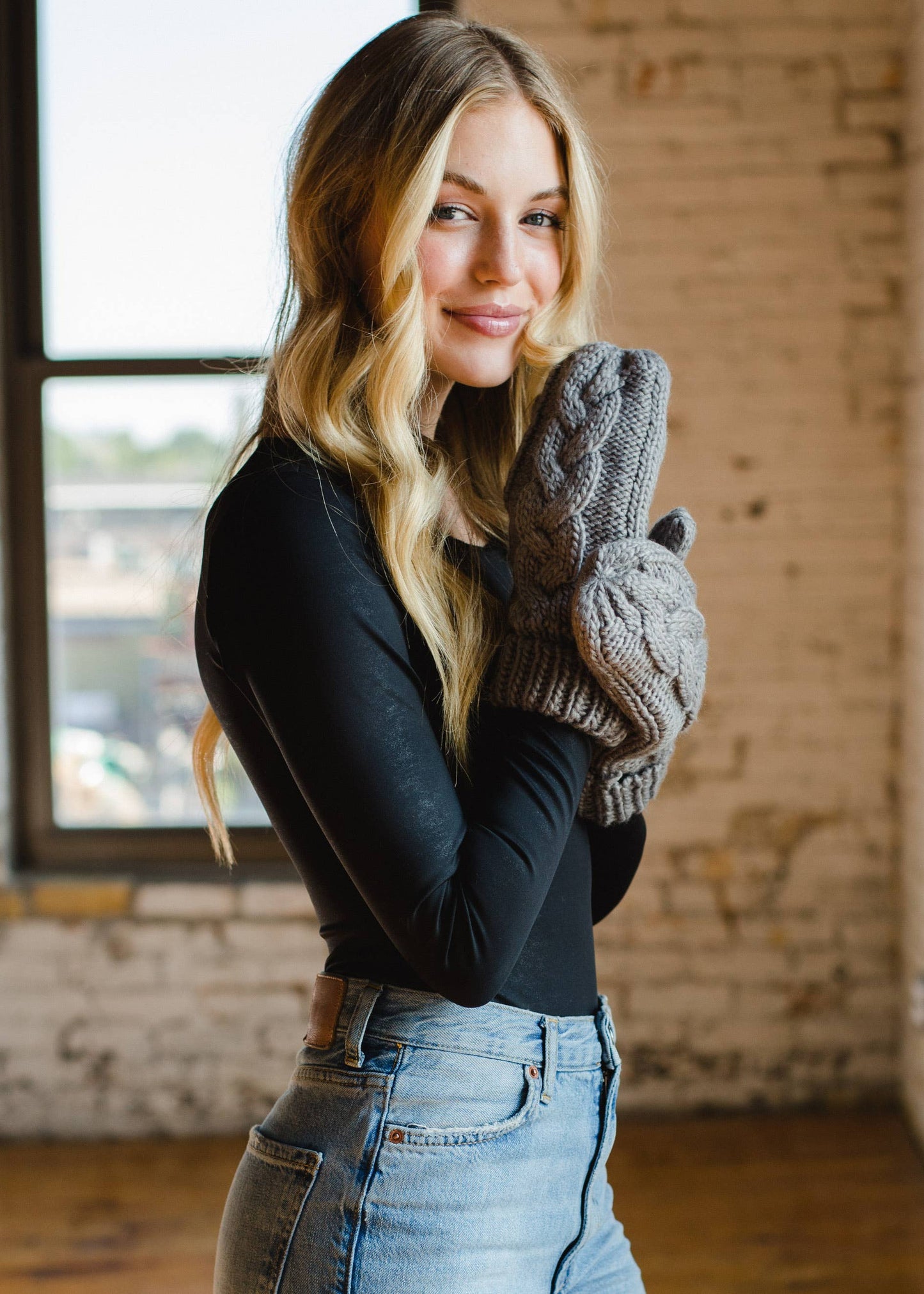 Gray Braided Knit Mittens