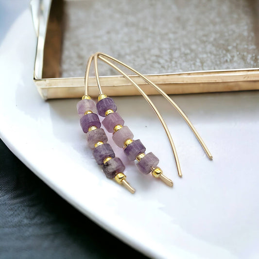 Gold Wishbone Threader Earrings with Amethyst