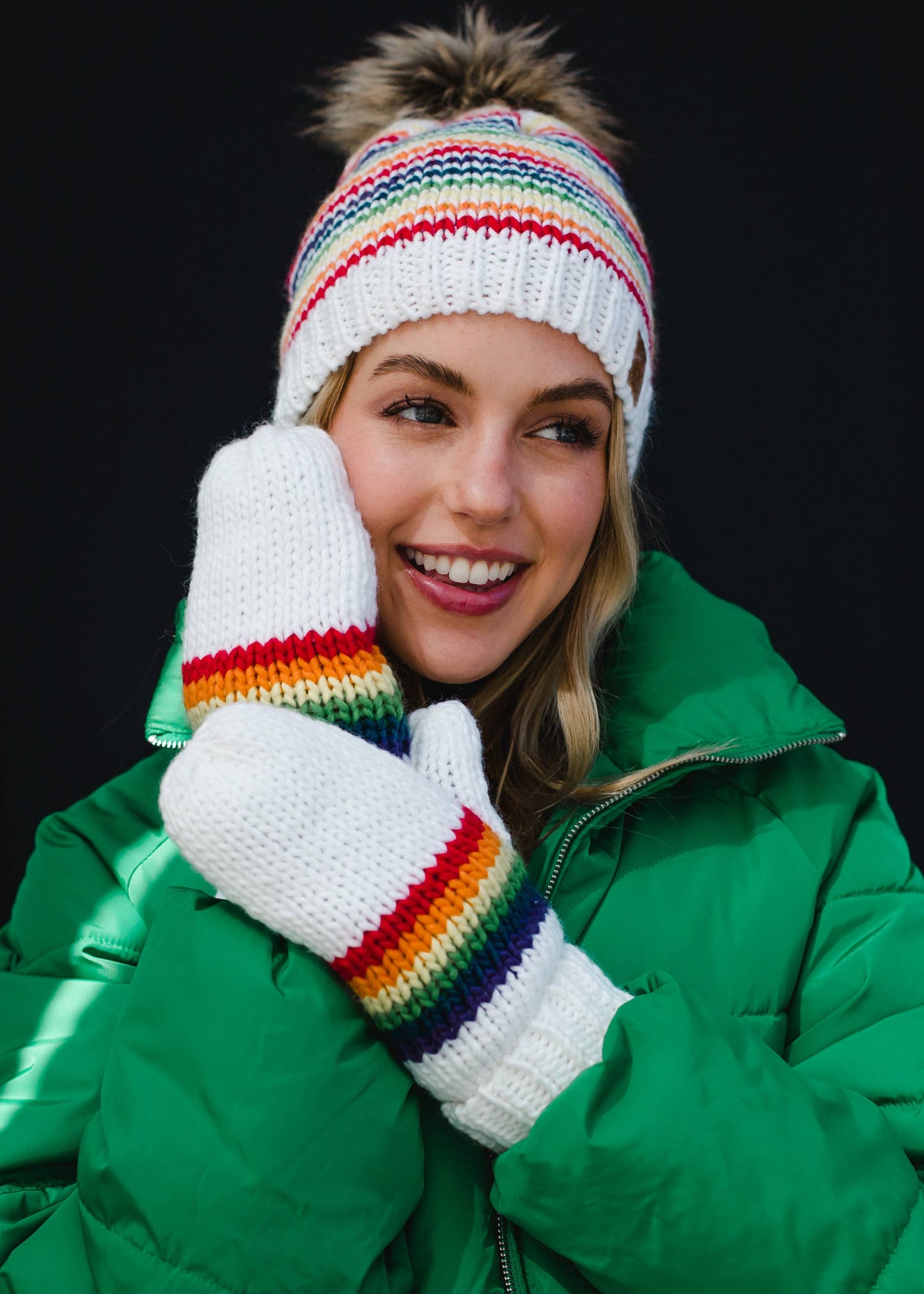 White & Rainbow ZigZag Striped Pom Hat