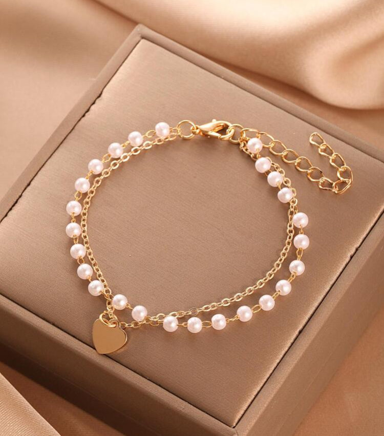 Double Chain Pearl & Heart Charm Bracelet