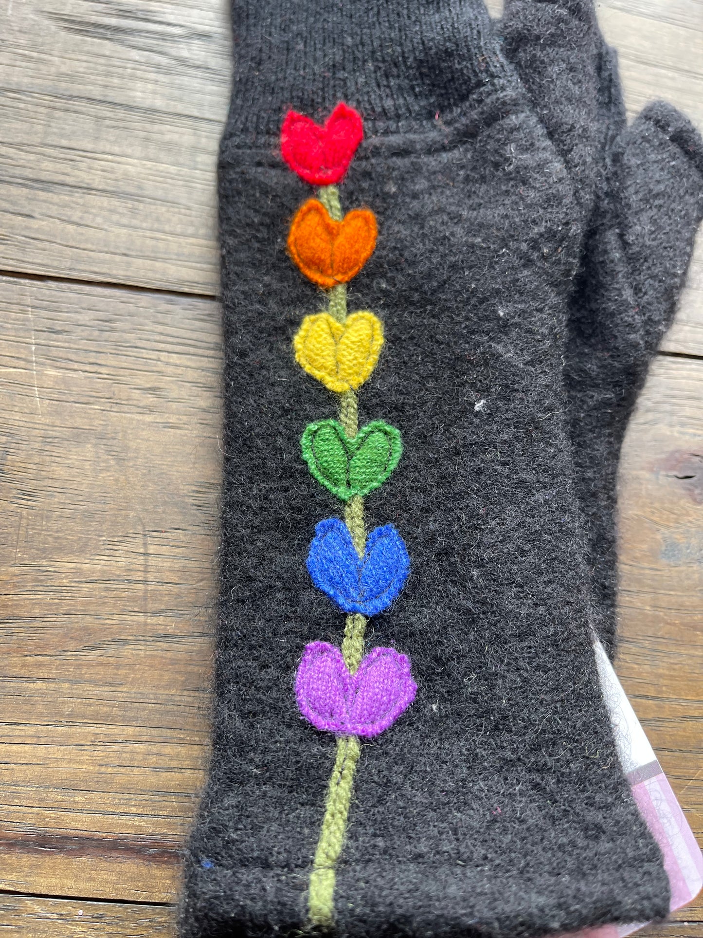 Hand Stitched Fingerless Gloves - Blk/Rainbow Flower