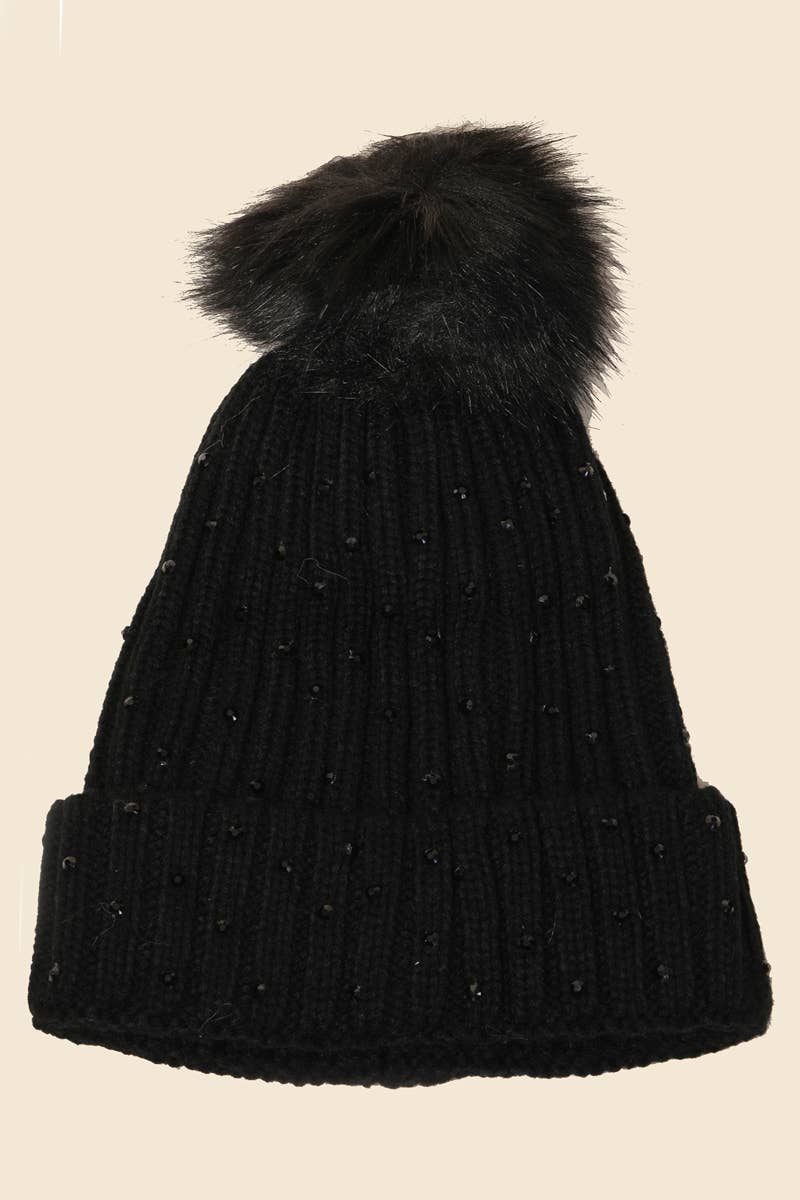 Crochet Knit Rhinestone Studded Pom Beanie