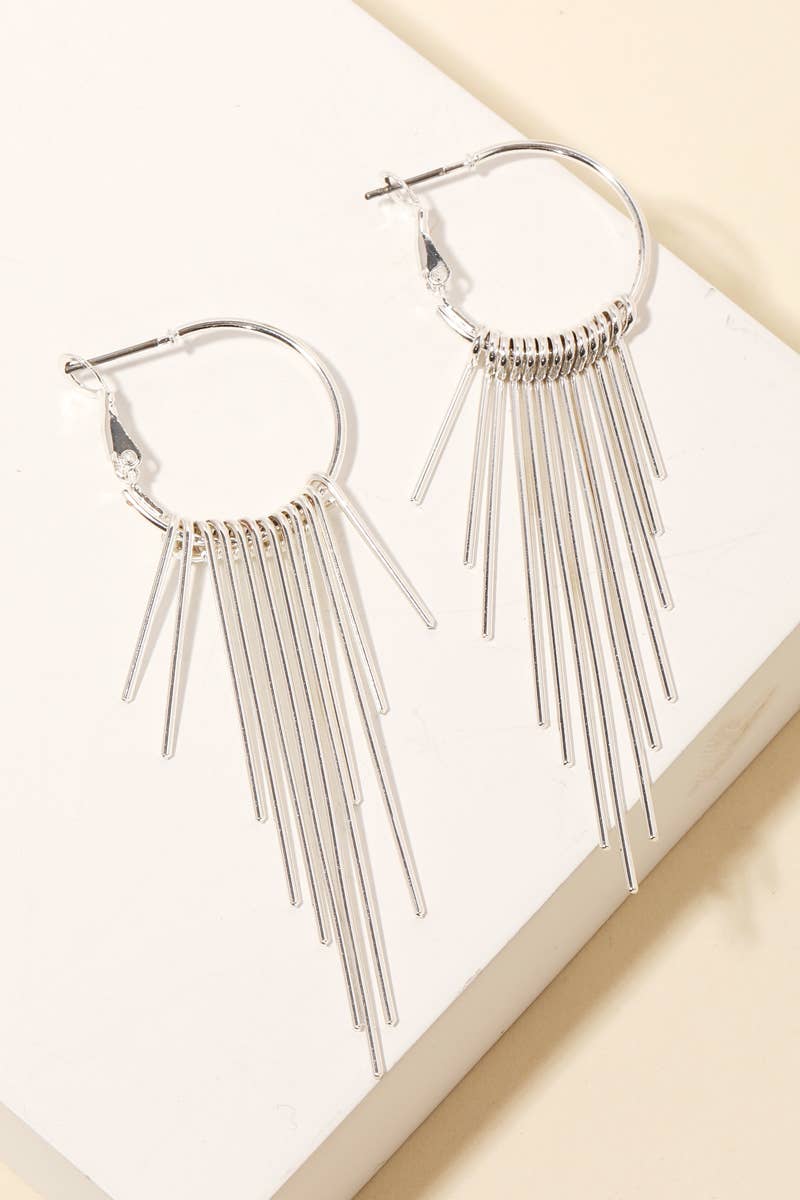 Long Metallic Bar Fringe Hoop Earrings