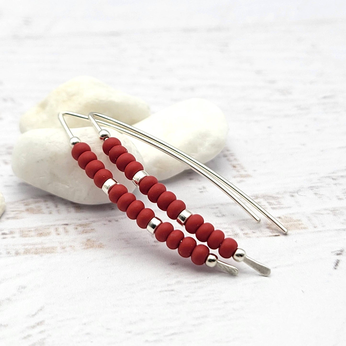 Red & Silver Beaded Silver Threader Earrings