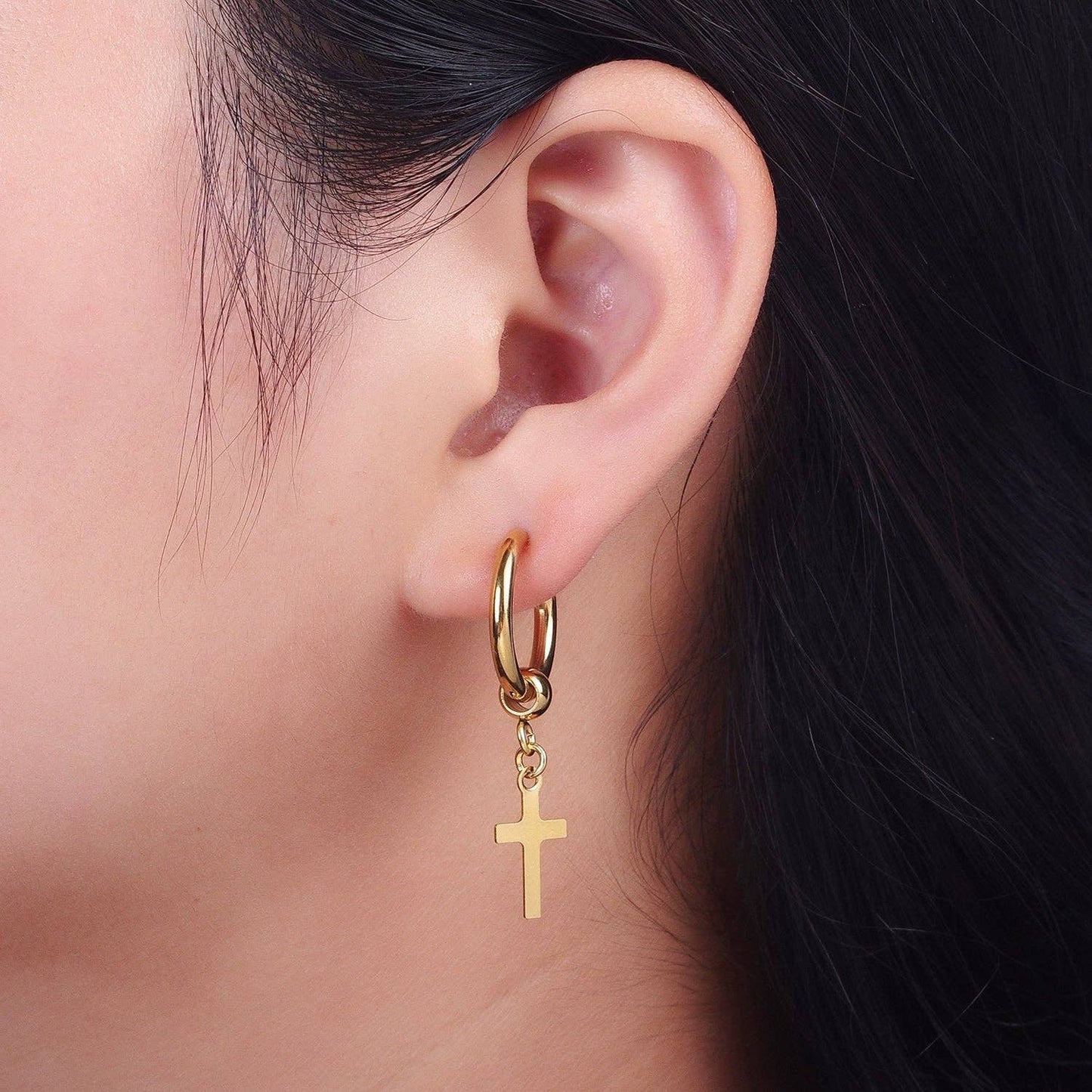 24K Gold Filled Religious Cross 18mm Huggie Drop Earrings Hoops | Y177