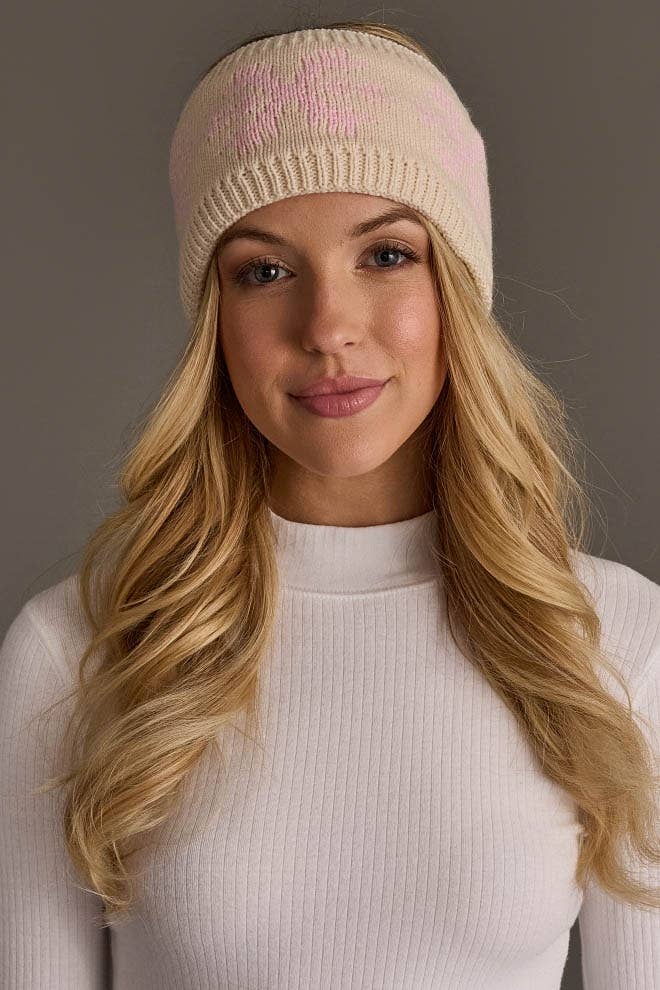 Beige & Lt. Pink Snowflake Knit Headband