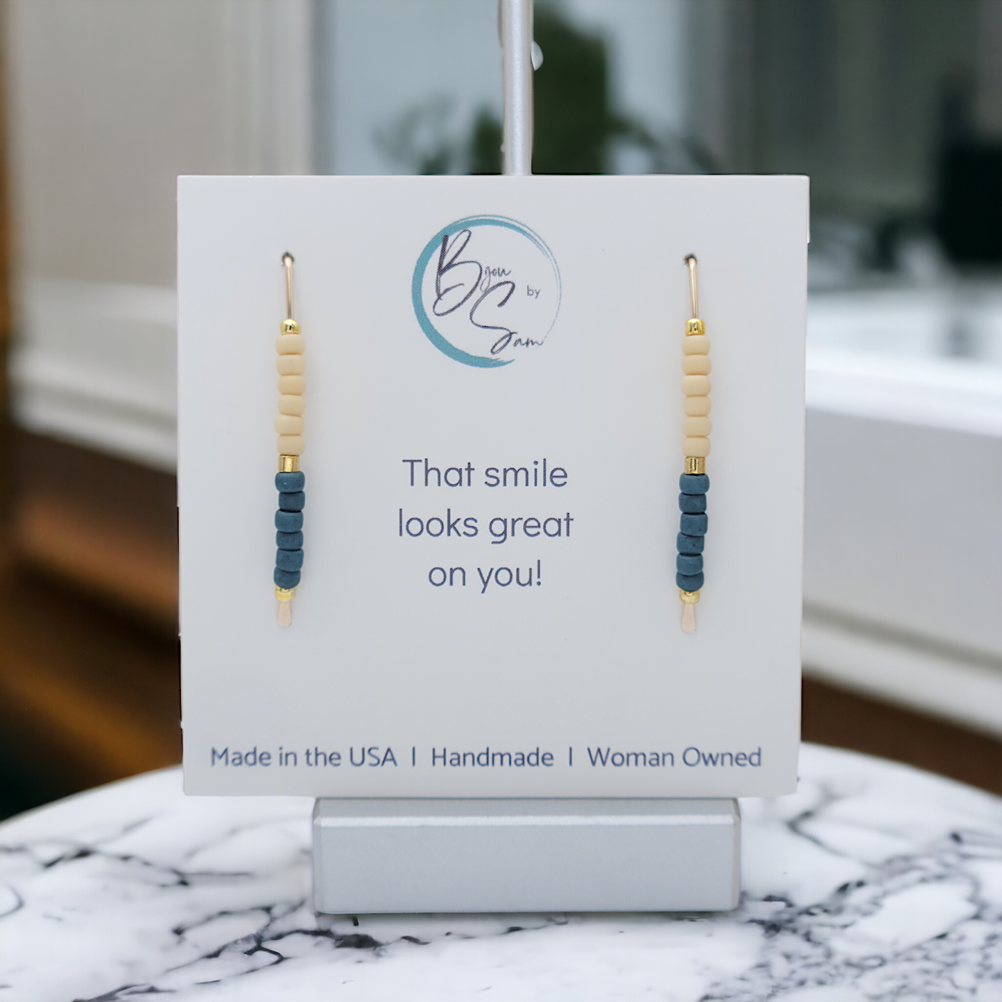 Gold Threader Earrings with Tan & Teal Beads