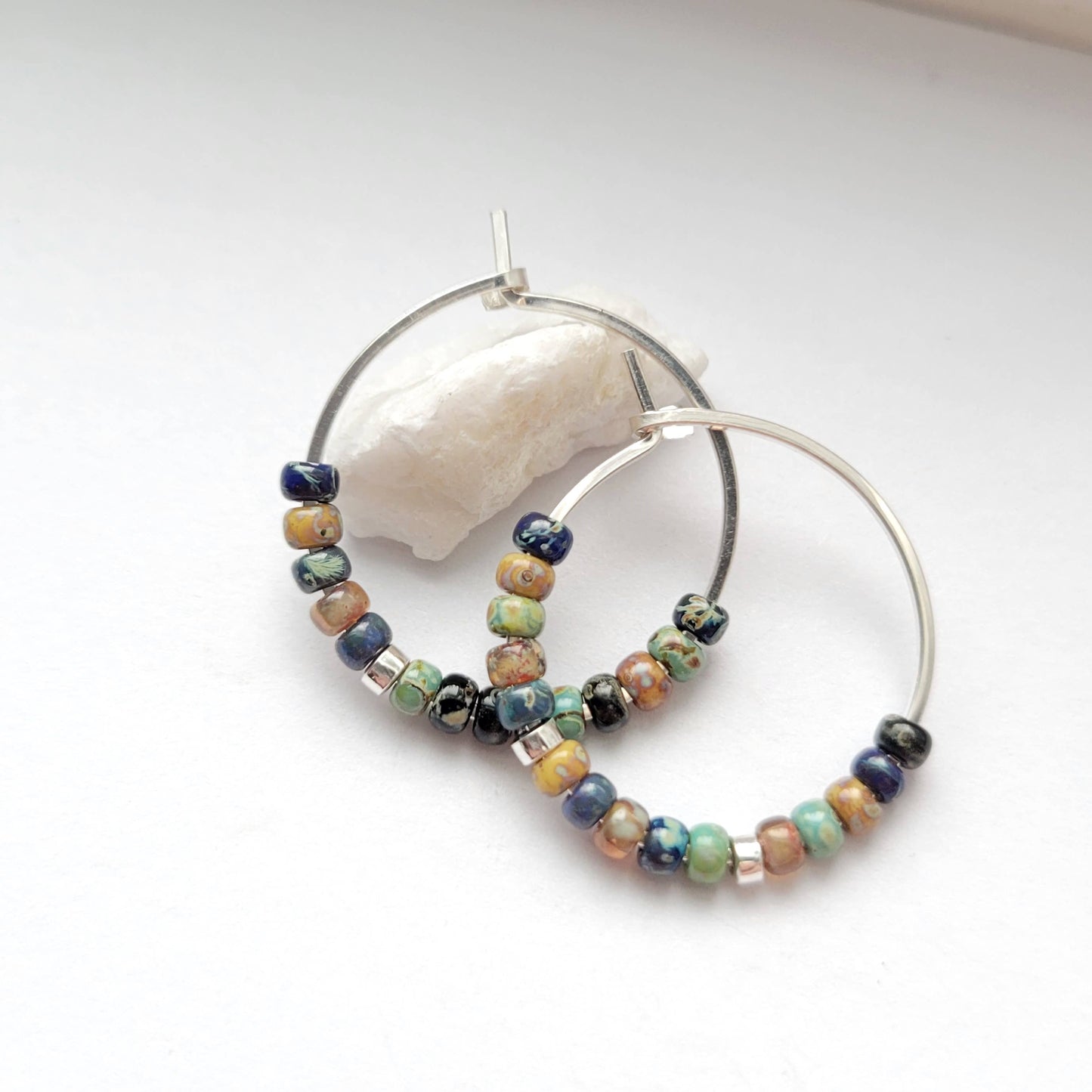 Sterling Silver Hoops with Colorful Picasso Beads