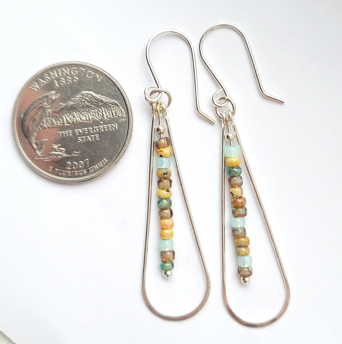 Long Silver Hoop Earrings with Multi Colored Beads