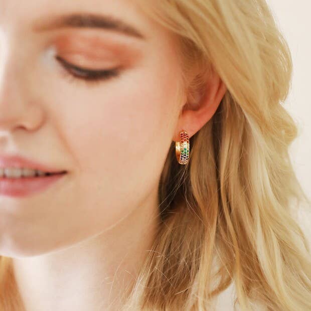 Wide Rainbow Crystal Hoop Earrings in Gold