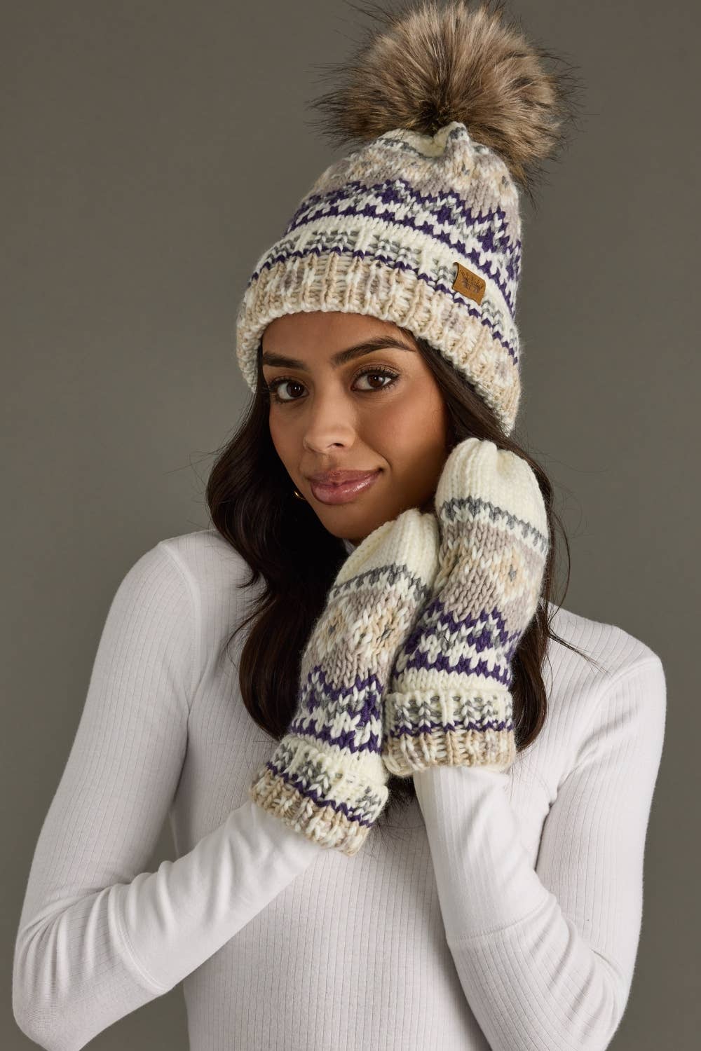Ivory, Purple & Taupe Patterned Mittens