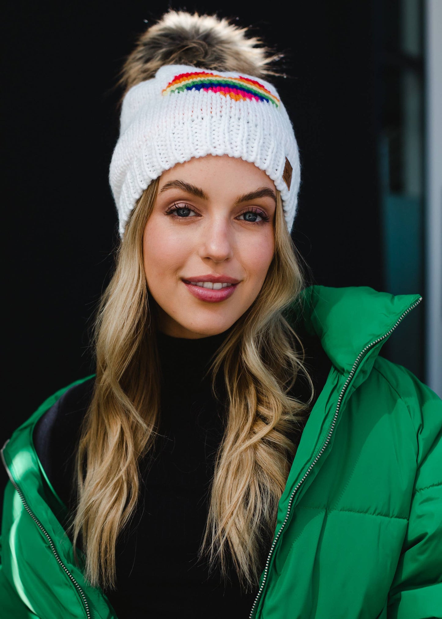 White & Rainbow Heart Pom Hat