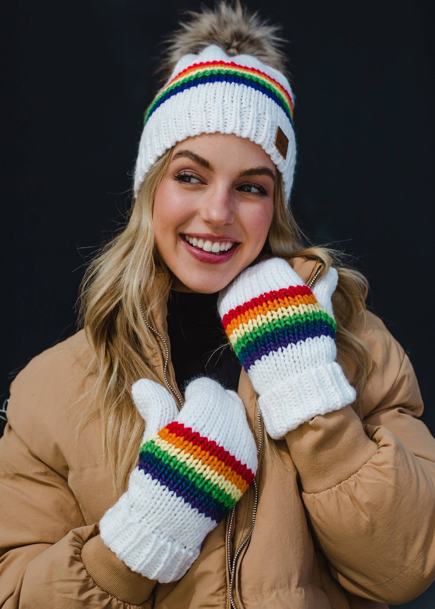 White & Rainbow Striped Mittens