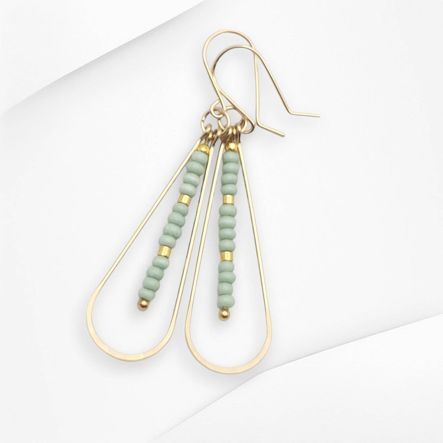 Long Gold Teardrop Hoop Earrings with Mint Green Seed Beads