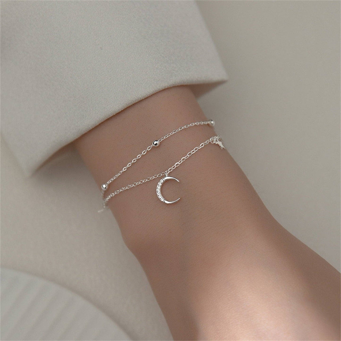 Boho Moon Star Charm Layered Bracelet in 925 Sterling Silver