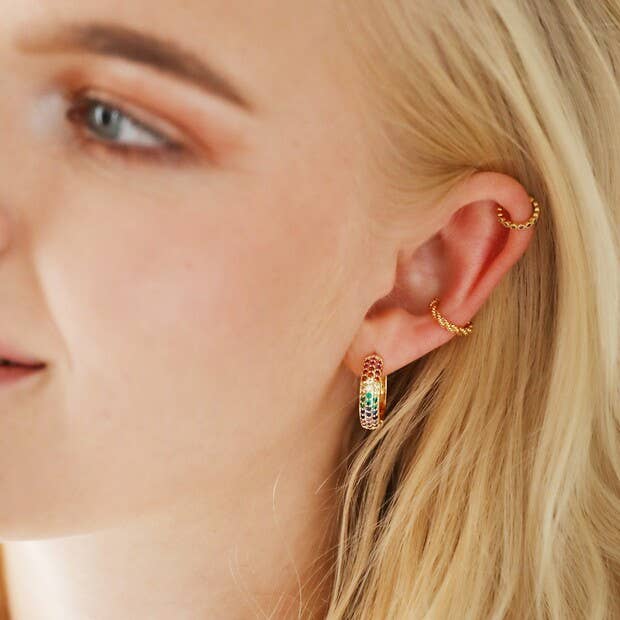 Wide Rainbow Crystal Hoop Earrings in Gold