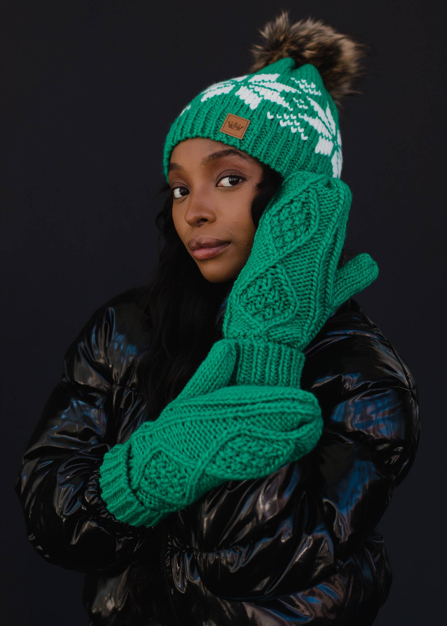 Green & White Snowflake Pom Hat