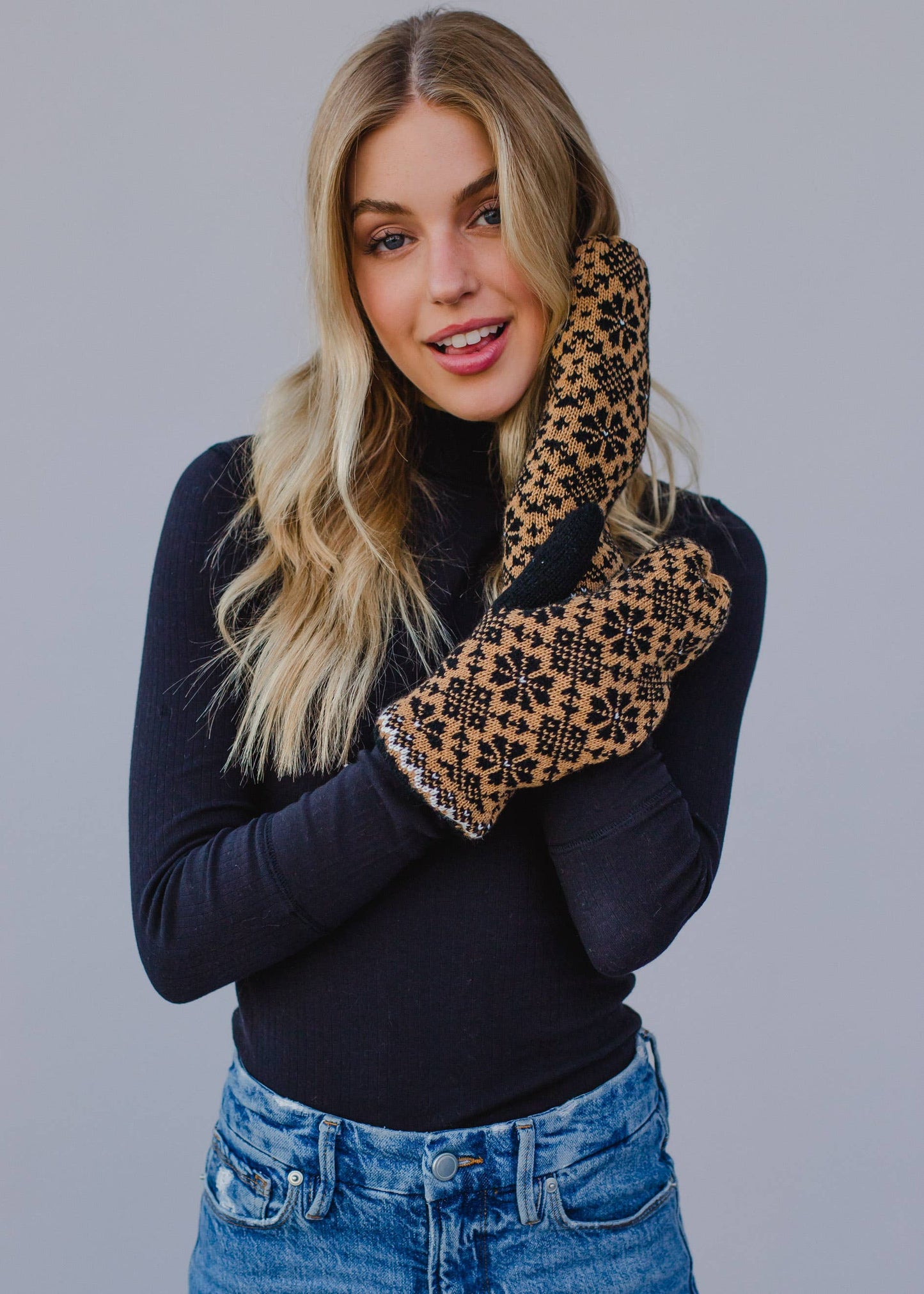 Camel, Black & White Patterned Knit Mittens