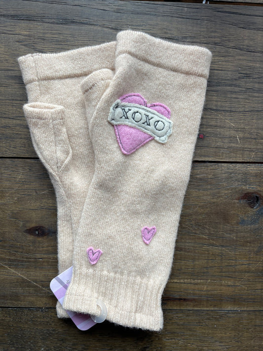 Hand Stitched Fingerless Gloves - Beige/Pink XOXO