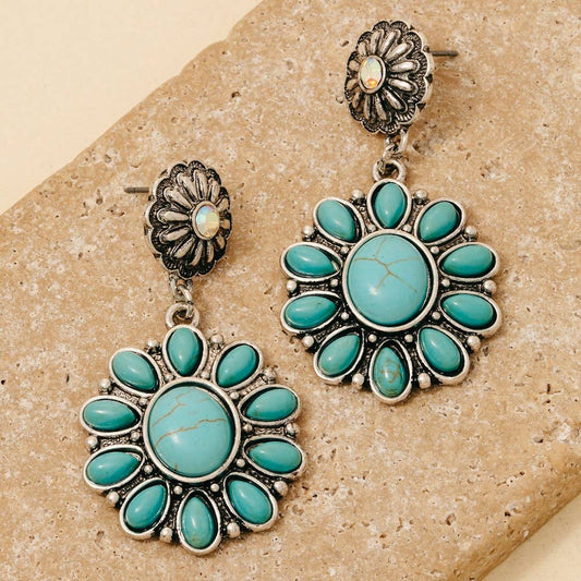 Turquoise And Rhinestone Studded Flower Dangle Earrings