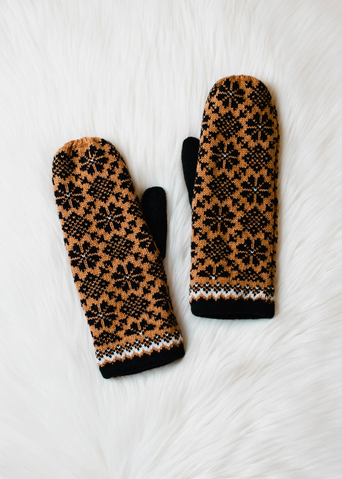 Camel, Black & White Patterned Knit Mittens