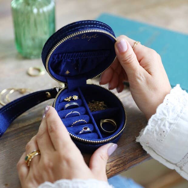 Starry Night Printed Velvet Round Jewellery Case in Navy